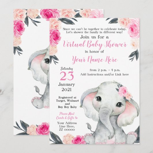 Virtual Baby shower Elephant Roses Girl-kaart Kaart (Voorkant / Achterkant)