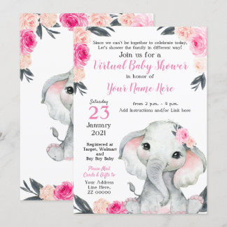 Virtual Baby shower Elephant Roses Girl-kaart Kaart