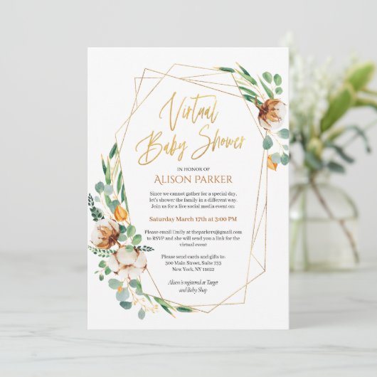 Virtual Baby shower Eucalyptus Greenery Gold Kaart (Staand voorkant)