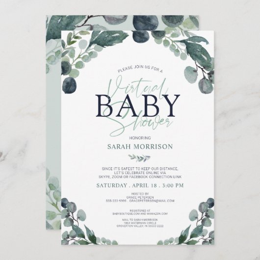 Virtual Baby shower Eucalyptus Sage Blauw Kaart (Voorkant / Achterkant)