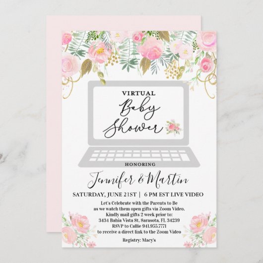 Virtual Baby shower Floral Invitation Kaart (Voorkant / Achterkant)
