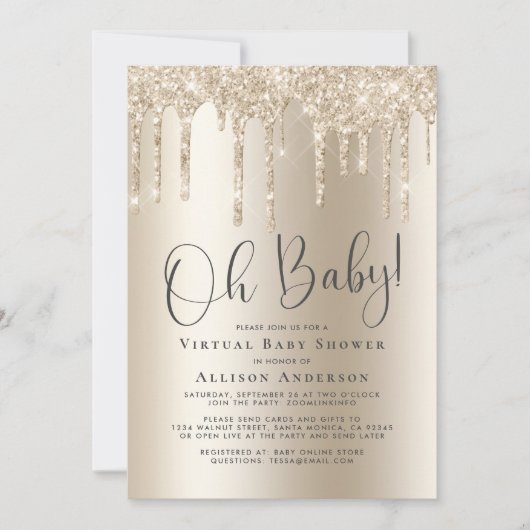 Virtual Baby shower Glitter Drip Gold Kaart (Voorkant)