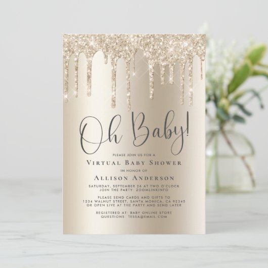 Virtual Baby shower Glitter Drip Gold Kaart (Staand voorkant)