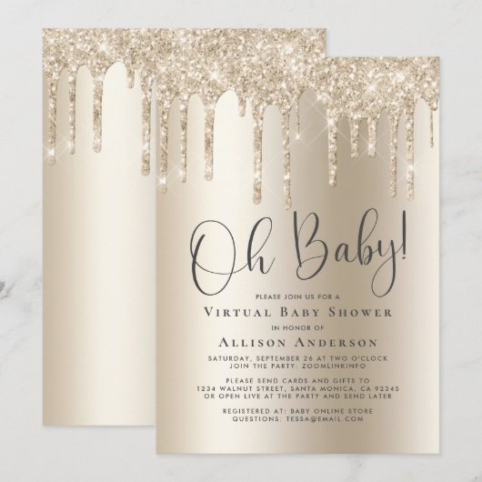 Virtual Baby shower Glitter Drip Gold Kaart (Voorkant / Achterkant)