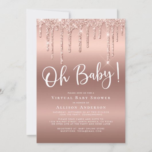 Virtual Baby shower Glitter Drip Roos Gold Kaart (Voorkant)