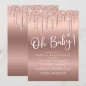 Virtual Baby shower Glitter Drip Roos Gold Kaart (Voorkant / Achterkant)