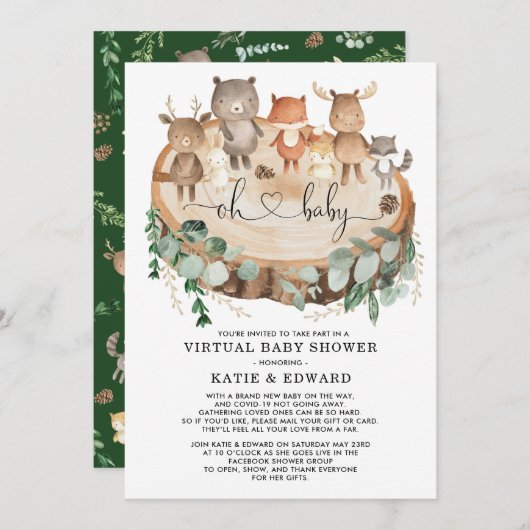 Virtual Baby shower Greenery Woodland Animals Kaart (Voorkant / Achterkant)