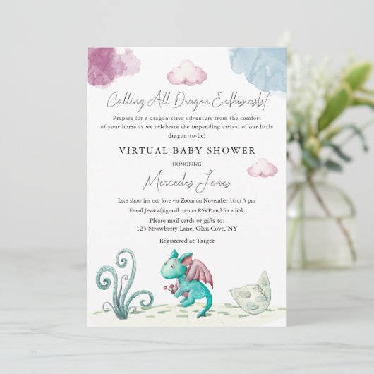 Virtual Baby shower Hatching Dragon Pastel Kleuren Kaart (Staand voorkant)