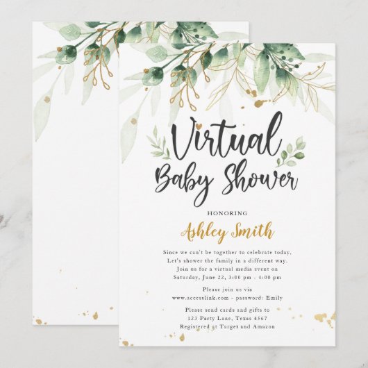 Virtual Baby shower Invitation Greenery Shower Kaart (Voorkant / Achterkant)