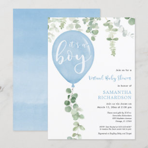 Virtual baby shower jongen blauwe ballonnen eucaly kaart
