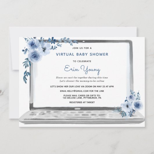 Virtual Baby shower Laptop met Blue Flowers Kaart (Voorkant)