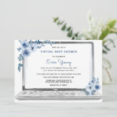 Virtual Baby shower Laptop met Blue Flowers Kaart (Staand voorkant)