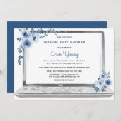 Virtual Baby shower Laptop met Blue Flowers Kaart (Voorkant / Achterkant)