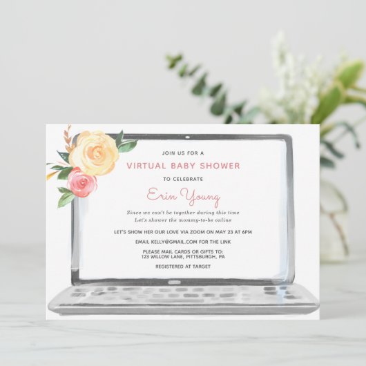 Virtual Baby shower Laptop met Pink Flowers Kaart (Staand voorkant)