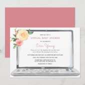 Virtual Baby shower Laptop met Pink Flowers Kaart (Voorkant / Achterkant)