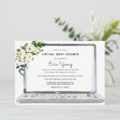 Virtual Baby shower Laptop met Witte Bloemen Kaart (Staand voorkant)