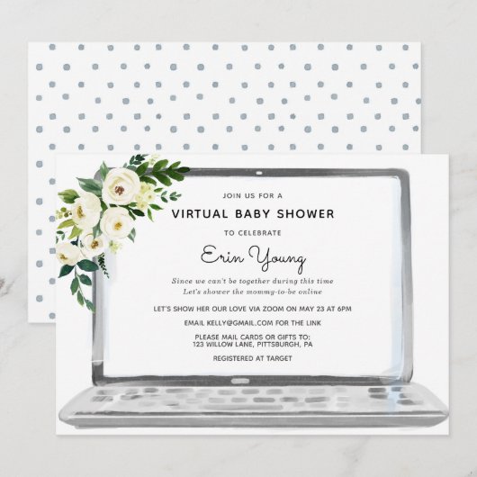 Virtual Baby shower Laptop met Witte Bloemen Kaart (Voorkant / Achterkant)