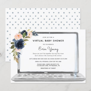 Virtual Baby shower Laptop Navy & Blush Flowers Kaart