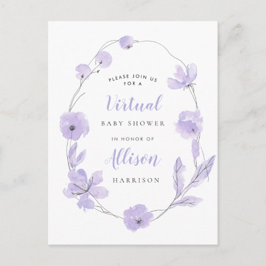 Virtual Baby shower Lavendel Floral Waterverf Uitnodiging Briefkaart (Voorkant)