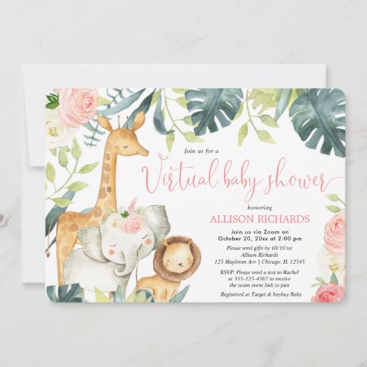 Virtual Baby shower meisje roze bloemensafari dier Kaart (Voorkant)
