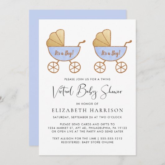 Virtual Baby shower met Twin Boy Waterverf Kaart (Voorkant / Achterkant)