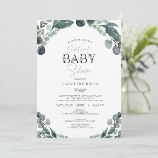 Virtual Baby shower Navy Blue Sage groen Kaart (Staand voorkant)