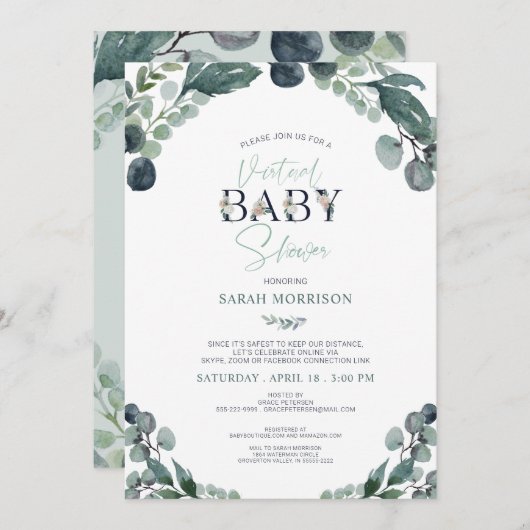 Virtual Baby shower Navy Blue Sage groen Kaart (Voorkant / Achterkant)