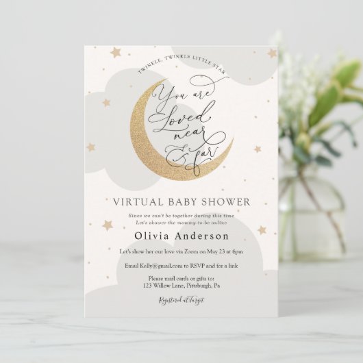 Virtual Baby shower Neutral Twinkle Star en Moon Kaart (Staand voorkant)
