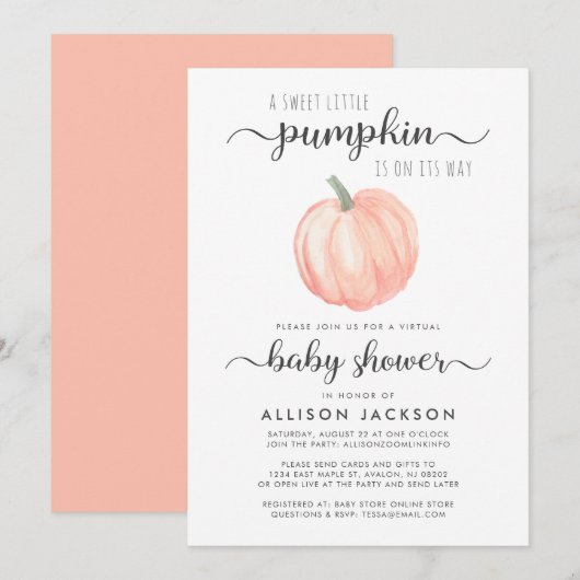 Virtual Baby shower Oranje pompoen Waterverf Kaart (Voorkant / Achterkant)