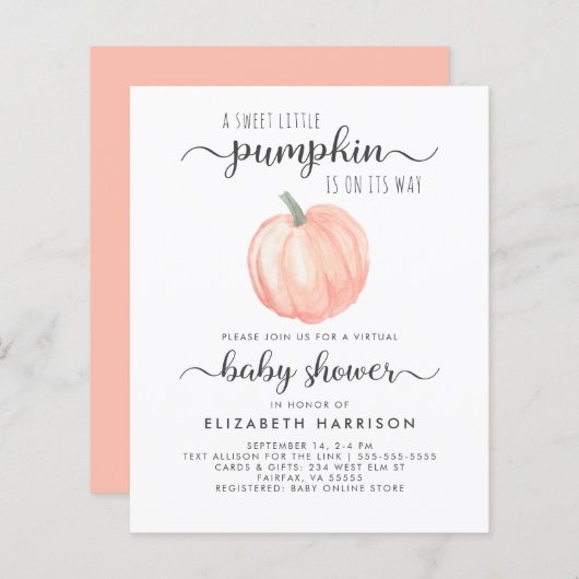 Virtual Baby shower Oranje Pumpkin-uitnodiging (Voorkant / Achterkant)
