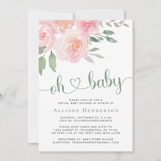 Virtual Baby shower Pink Floral Waterverf Kaart (Voorkant)