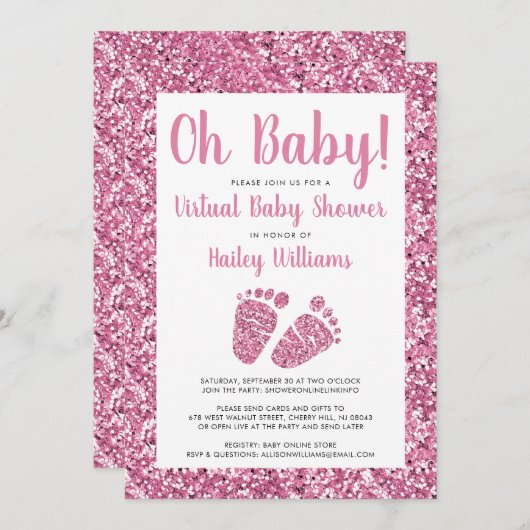 Virtual Baby shower Pink Glitter Kaart (Voorkant / Achterkant)
