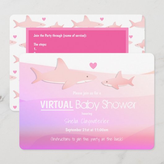 Virtual Baby shower Pink Ocean Shark Cartoon Kaart (Voorkant / Achterkant)