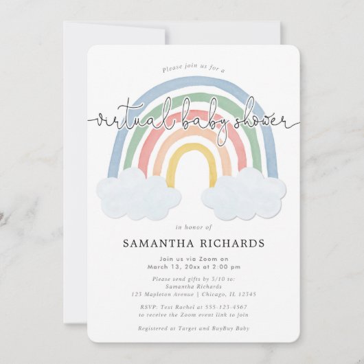 Virtual Baby shower Rainbow waterverf pastels Kaart (Voorkant)