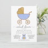 Virtual Baby shower Retro Carriage Glitter Blue Kaart (Staand voorkant)