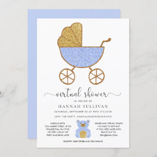 Virtual Baby shower Retro Carriage Glitter Blue Kaart