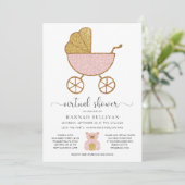Virtual Baby shower Retro Carriage Glitter Pink Kaart (Staand voorkant)