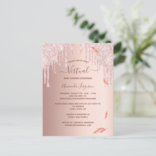 Virtual baby shower roos gouduitnodiging briefkaart (Staand voorkant)