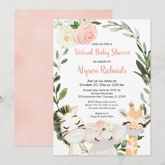 Virtual baby shower roze groen safari dieren kaart (Voorkant / Achterkant)