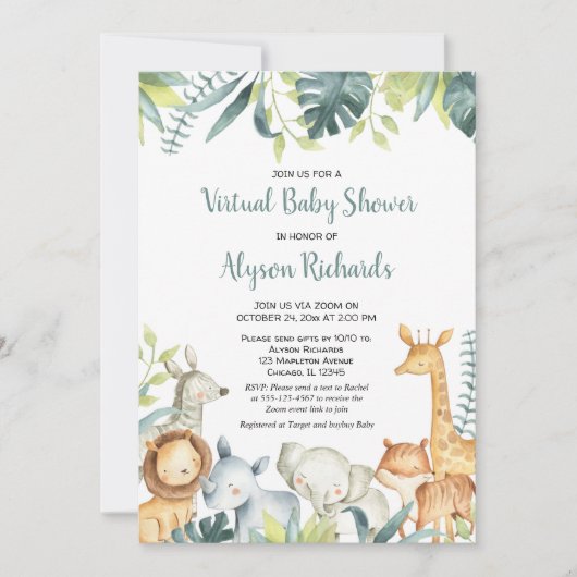 Virtual baby shower safaridieren genderneutraal kaart (Voorkant)