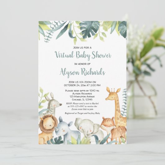 Virtual baby shower safaridieren genderneutraal kaart (Staand voorkant)