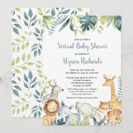 Virtual baby shower safaridieren genderneutraal kaart (Voorkant / Achterkant)