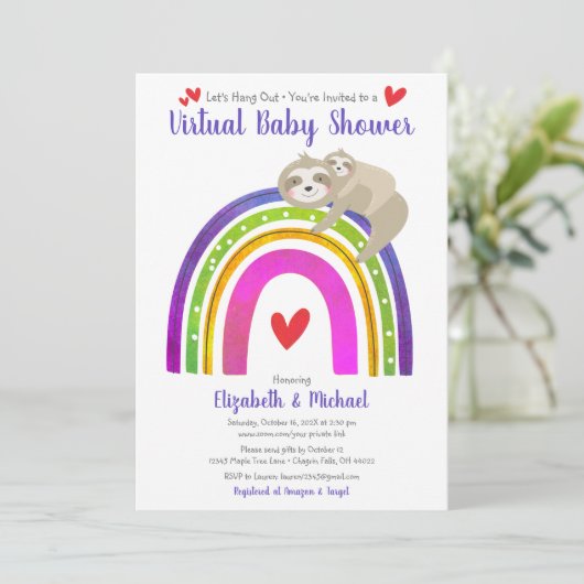 Virtual Baby shower Schattige Sloth Boho Regenboog Kaart (Staand voorkant)