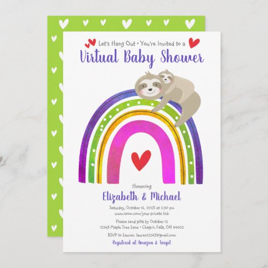 Virtual Baby shower Schattige Sloth Boho Regenboog Kaart (Voorkant / Achterkant)