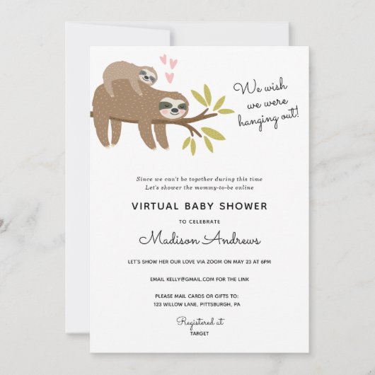 Virtual Baby shower Sloth Kaart (Voorkant)