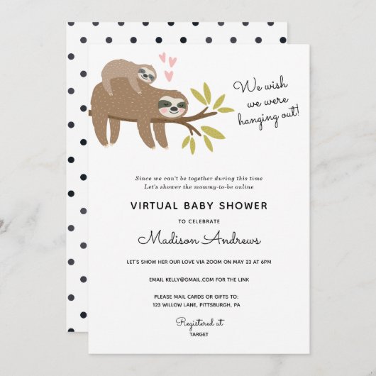 Virtual Baby shower Sloth Kaart (Voorkant / Achterkant)