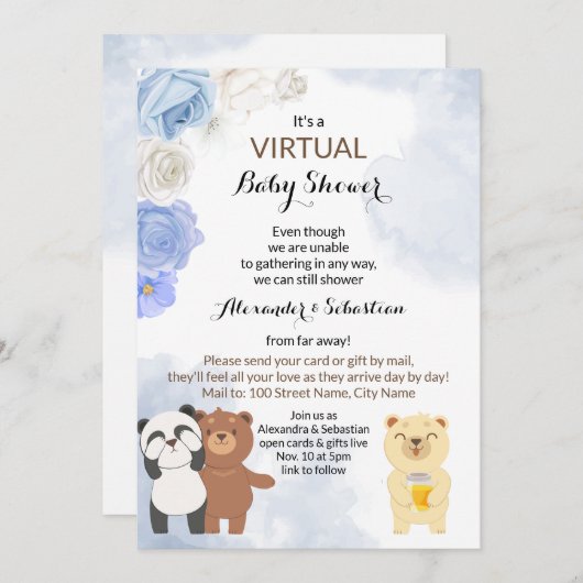 Virtual Baby shower Teddy Bears Kaart (Voorkant / Achterkant)