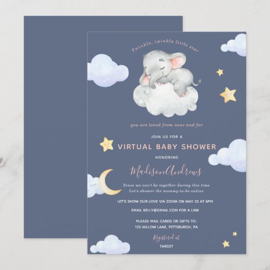 Virtual Baby shower Twinkle Little Star Elephant Kaart (Voorkant / Achterkant)