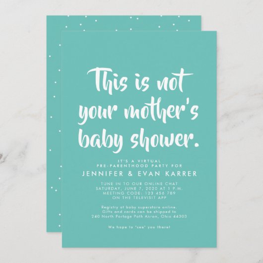 Virtual baby shower-uitnodiging in blauwgroen (Voorkant / Achterkant)