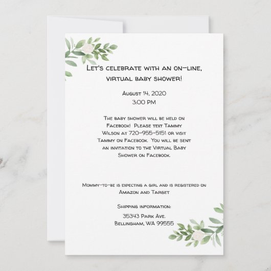 Virtual Baby shower Waterverf Invitation for Girl Save The Date (Achterkant)